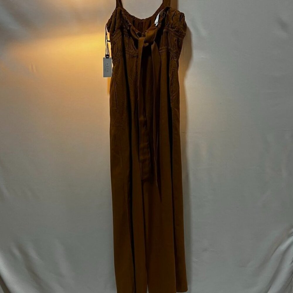 ASTR The Label Mocha Shirred Wide Leg Linen Blend Jumpsuit Brown Medium - Picture 5 of 15